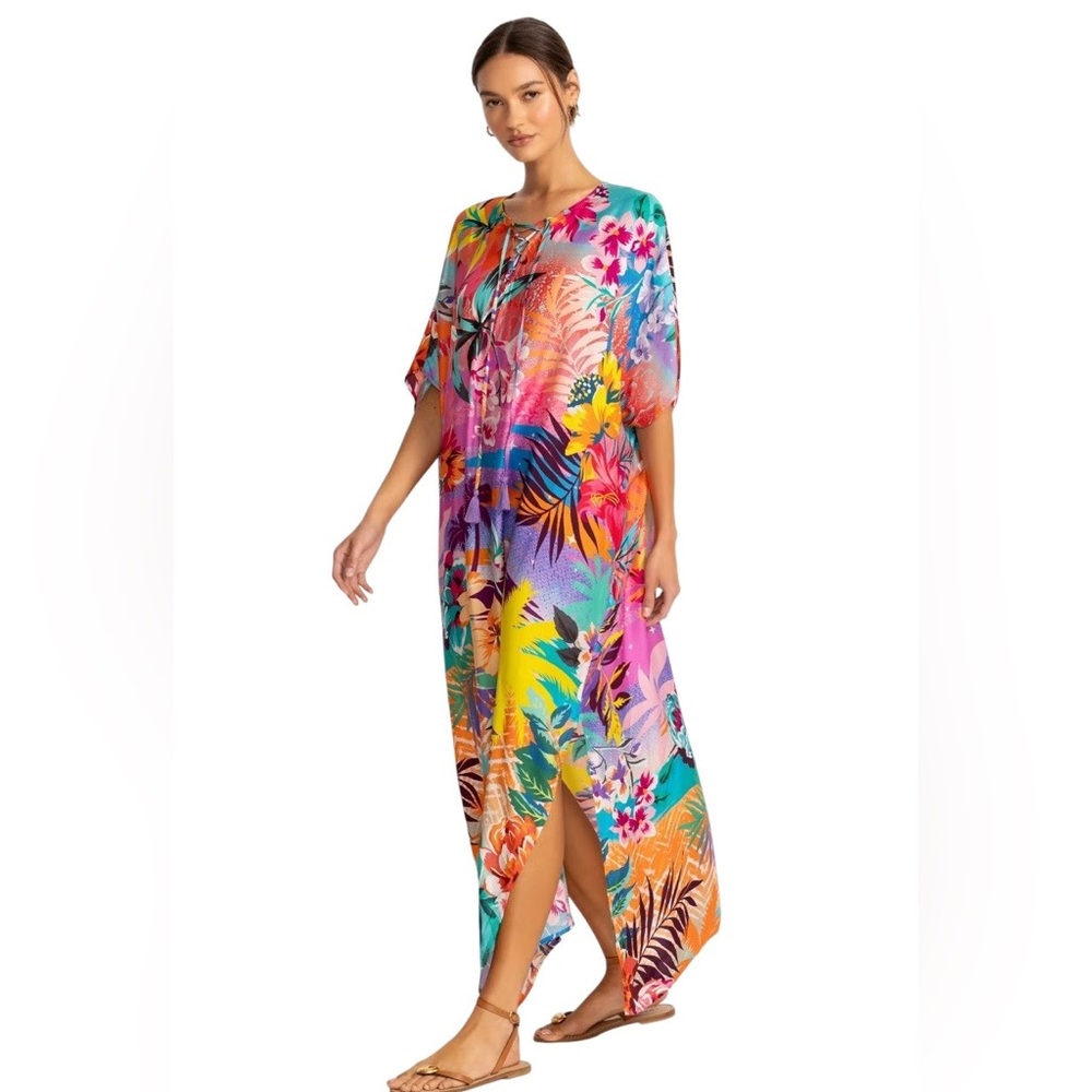 Johnny Was‎ Womens Small Colorful Zeru Tie Neck Maxi Kaftan Resort Artsy Holiday